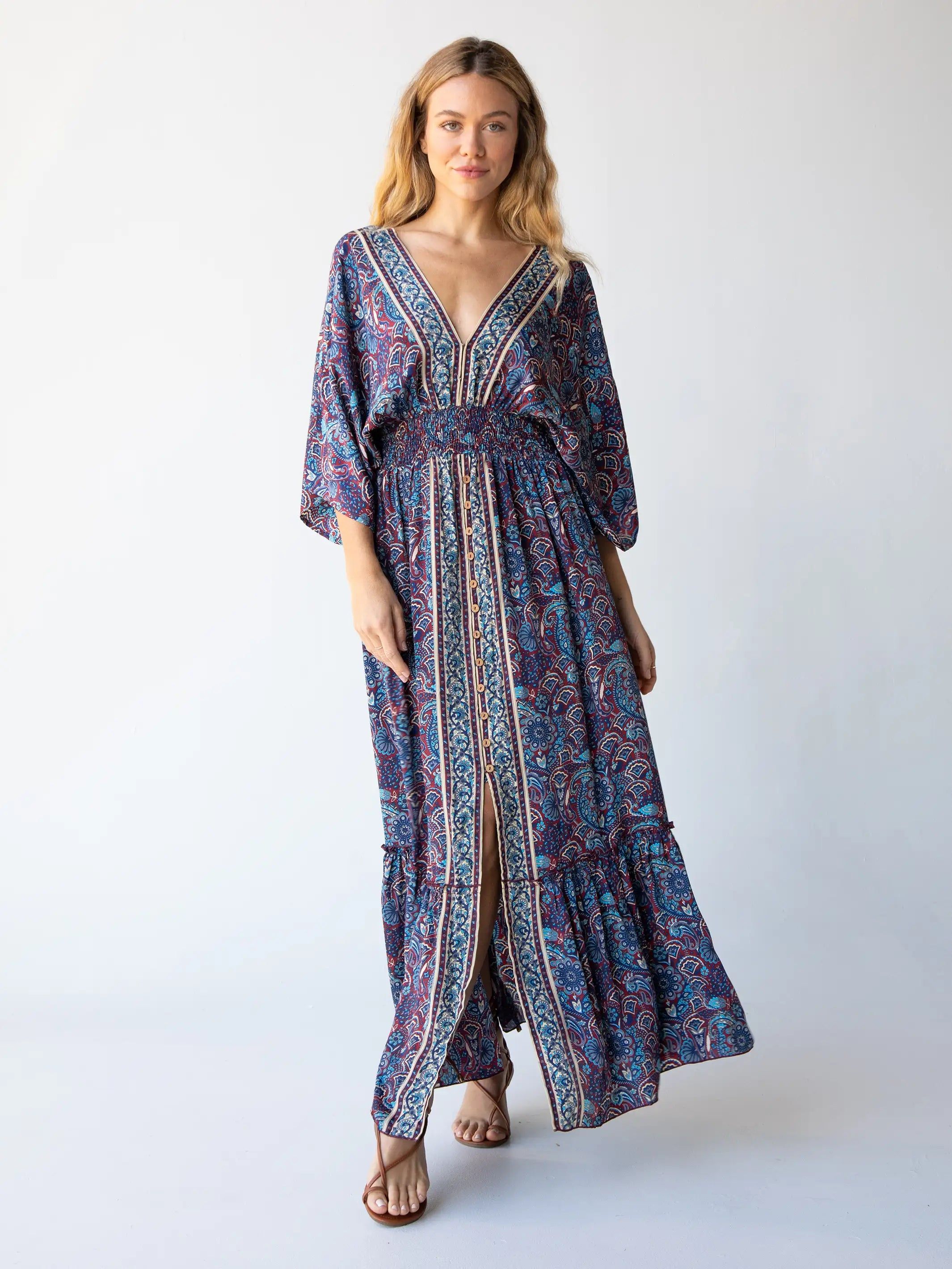 Celia Maxi Dress - Cranberry Navy Paisley sold by NATURAL LIFE