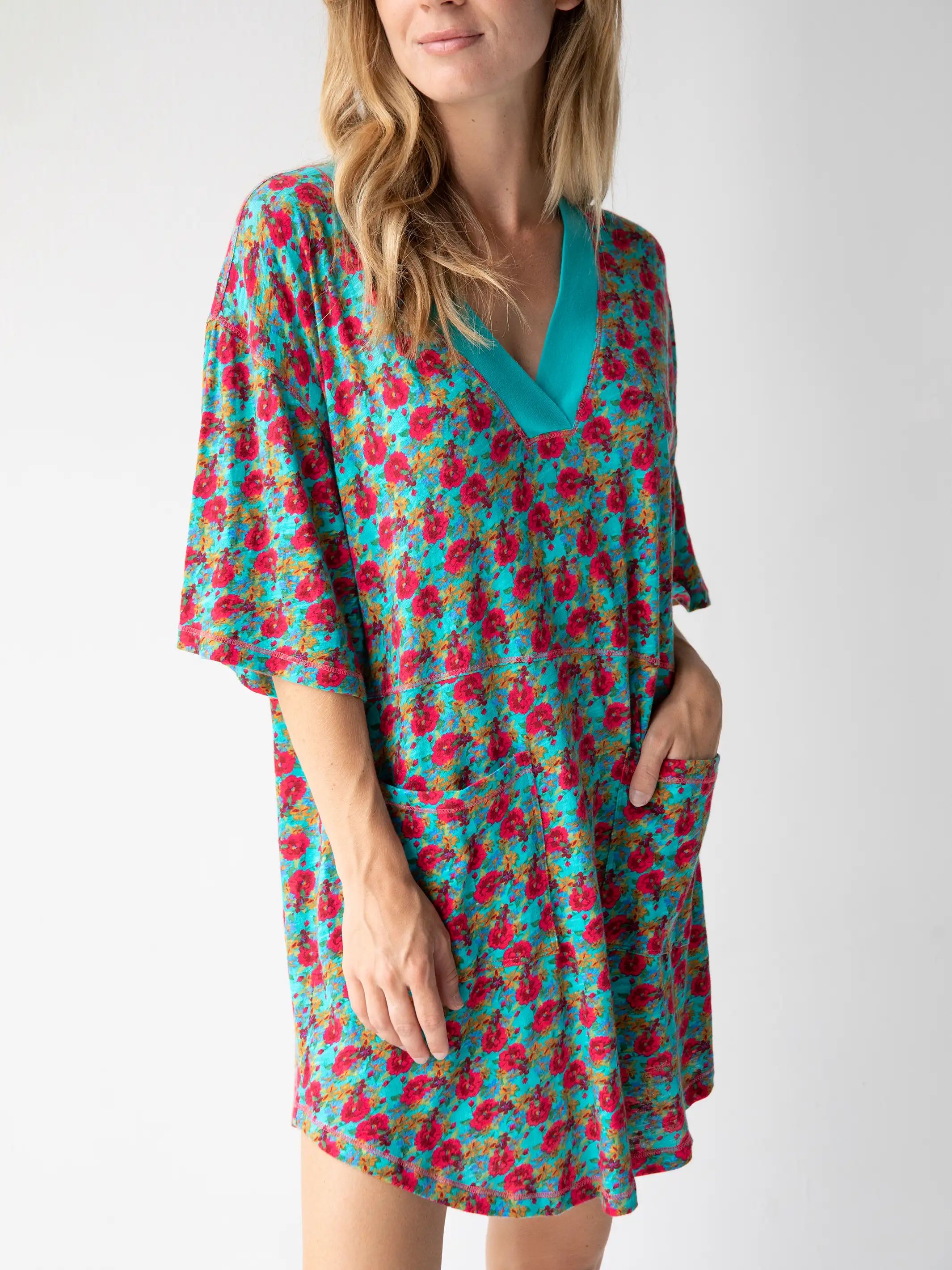 Charlie V-Neck Dress - Red Blue Floral sold by NATURAL LIFE product image thumbnail 2