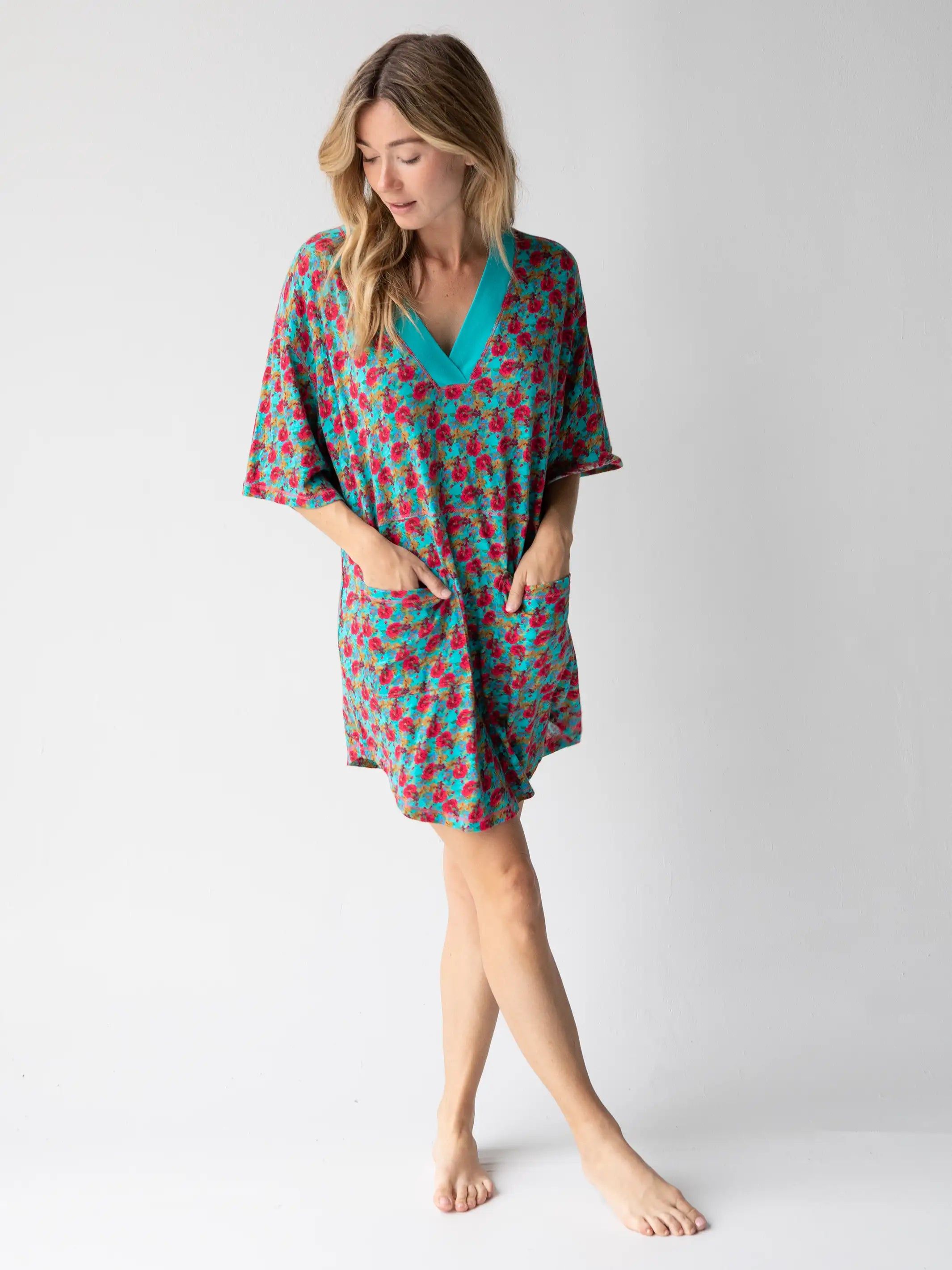Charlie V-Neck Dress - Red Blue Floral sold by NATURAL LIFE