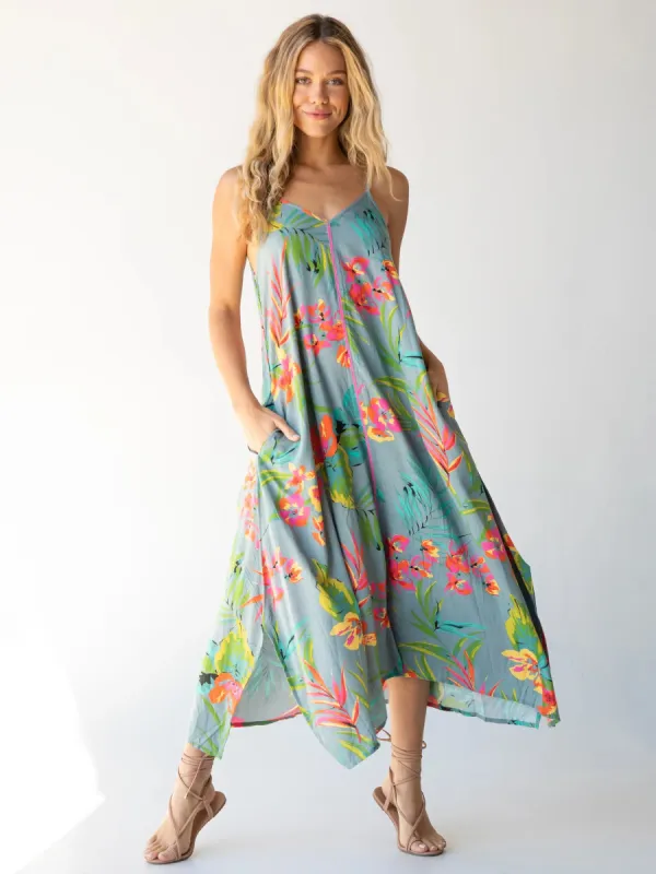 Katrina Midi Slip Dress - Light Blue Neon Floral sold by NATURAL LIFE