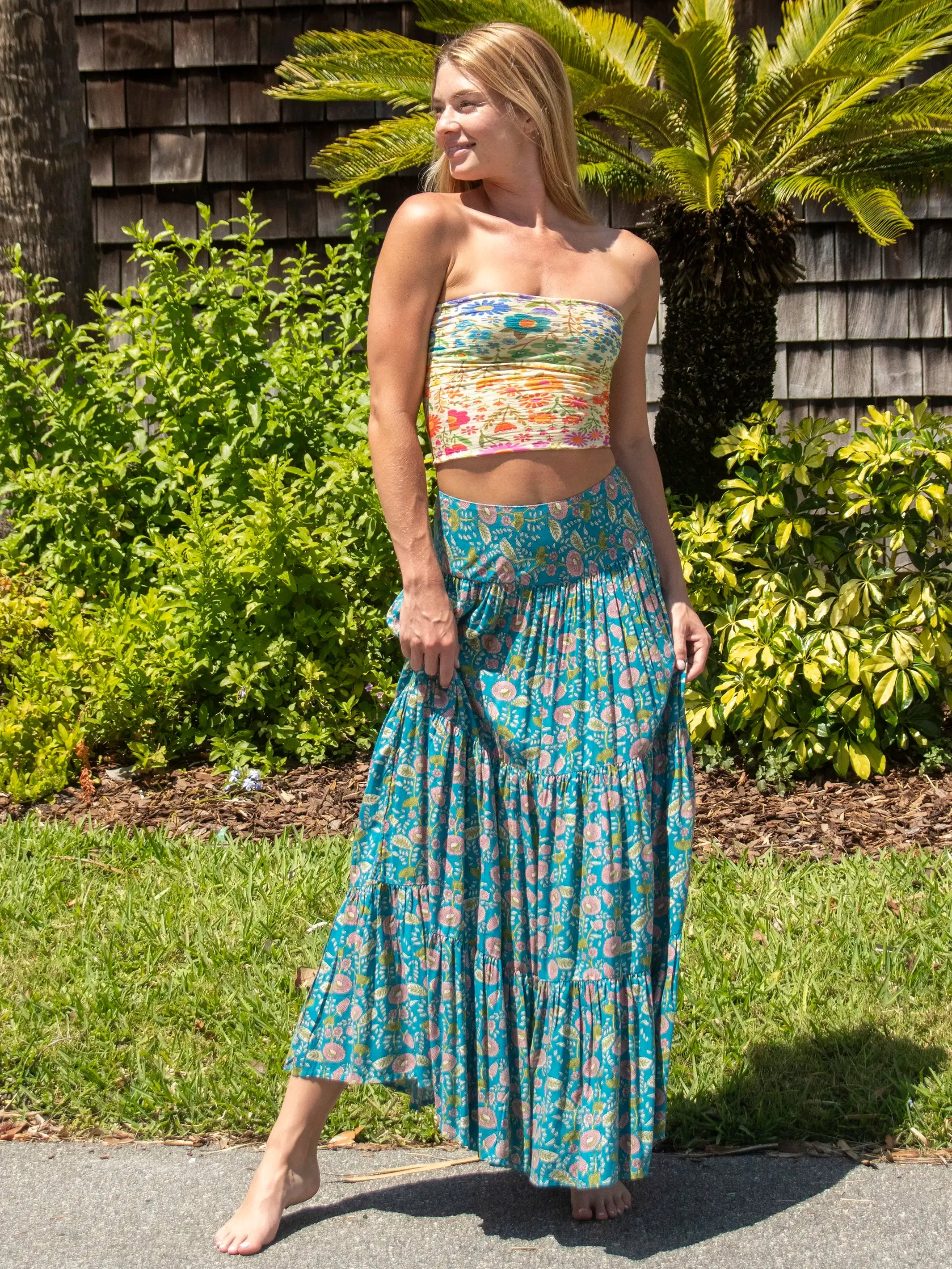 Hanna Convertible Maxi Skirt - Blue Pink Floral Vines sold by NATURAL LIFE product image thumbnail 3