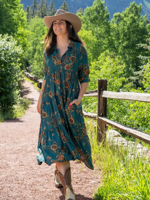 Rebecca Midi Dress - Teal Orange Clusters sold by NATURAL LIFE