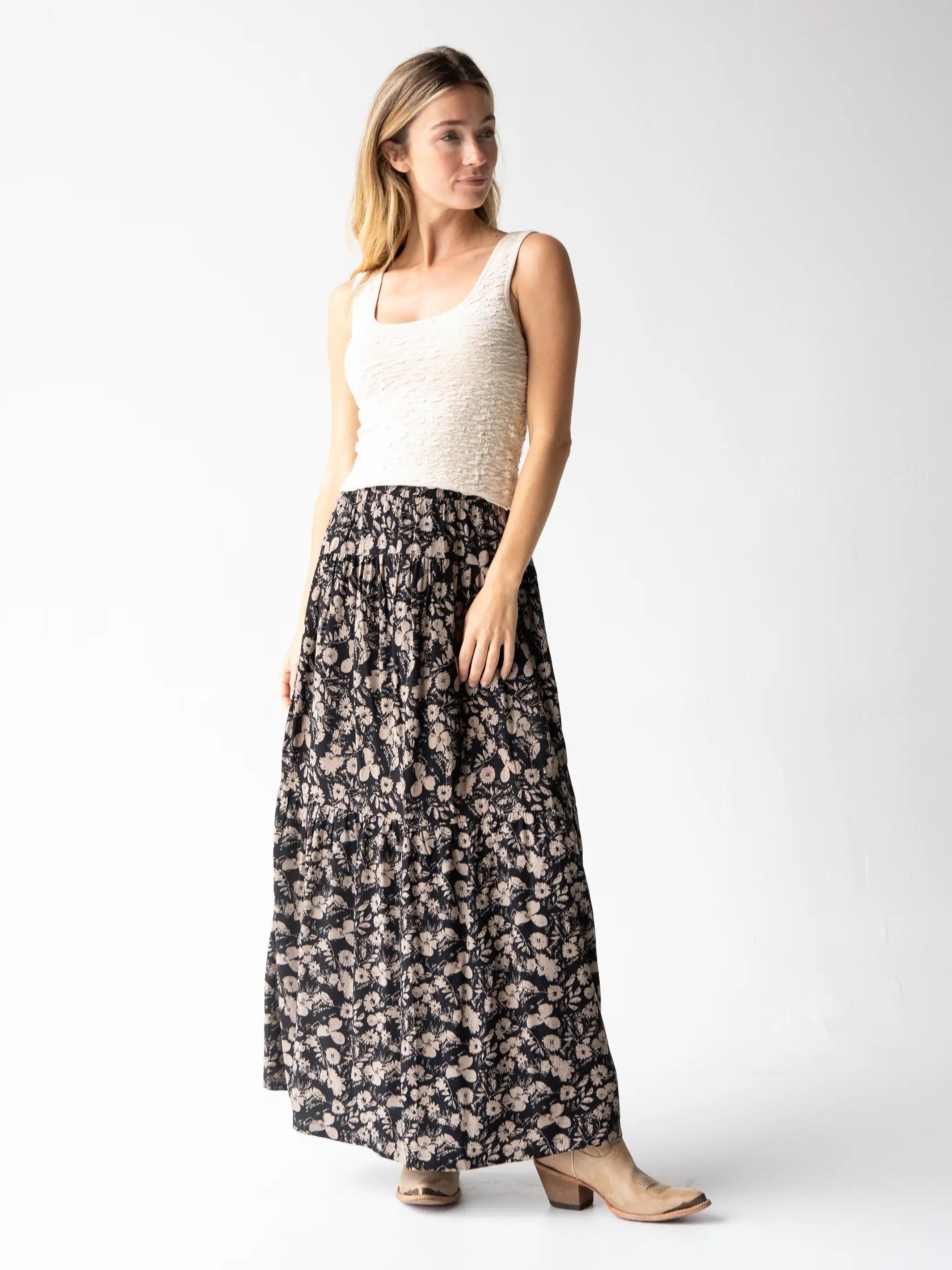 Calla Maxi Skirt - Black Tan Leafy Floral sold by NATURAL LIFE