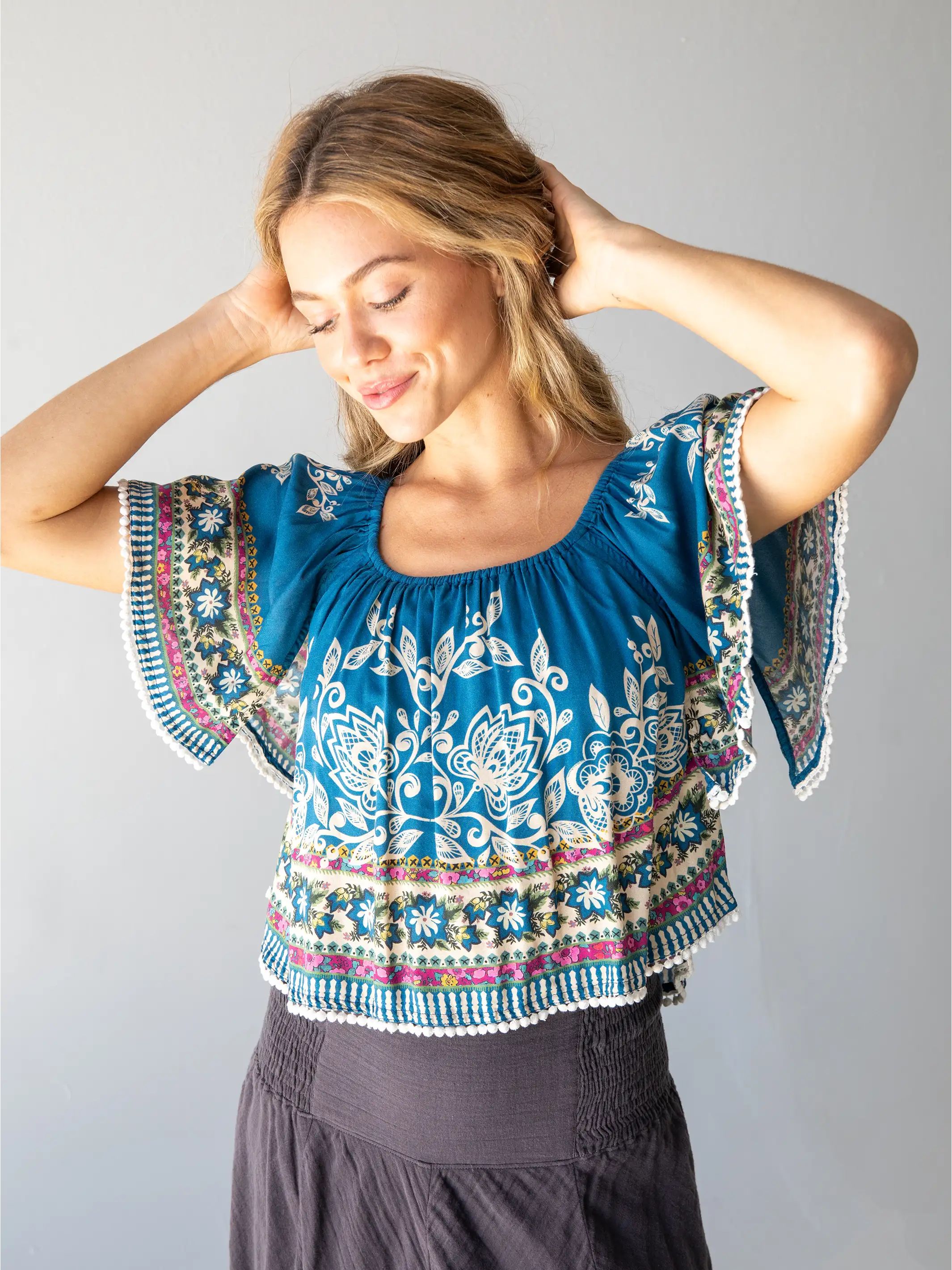 Sabrina Crop Top - Navy Borders sold by NATURAL LIFE