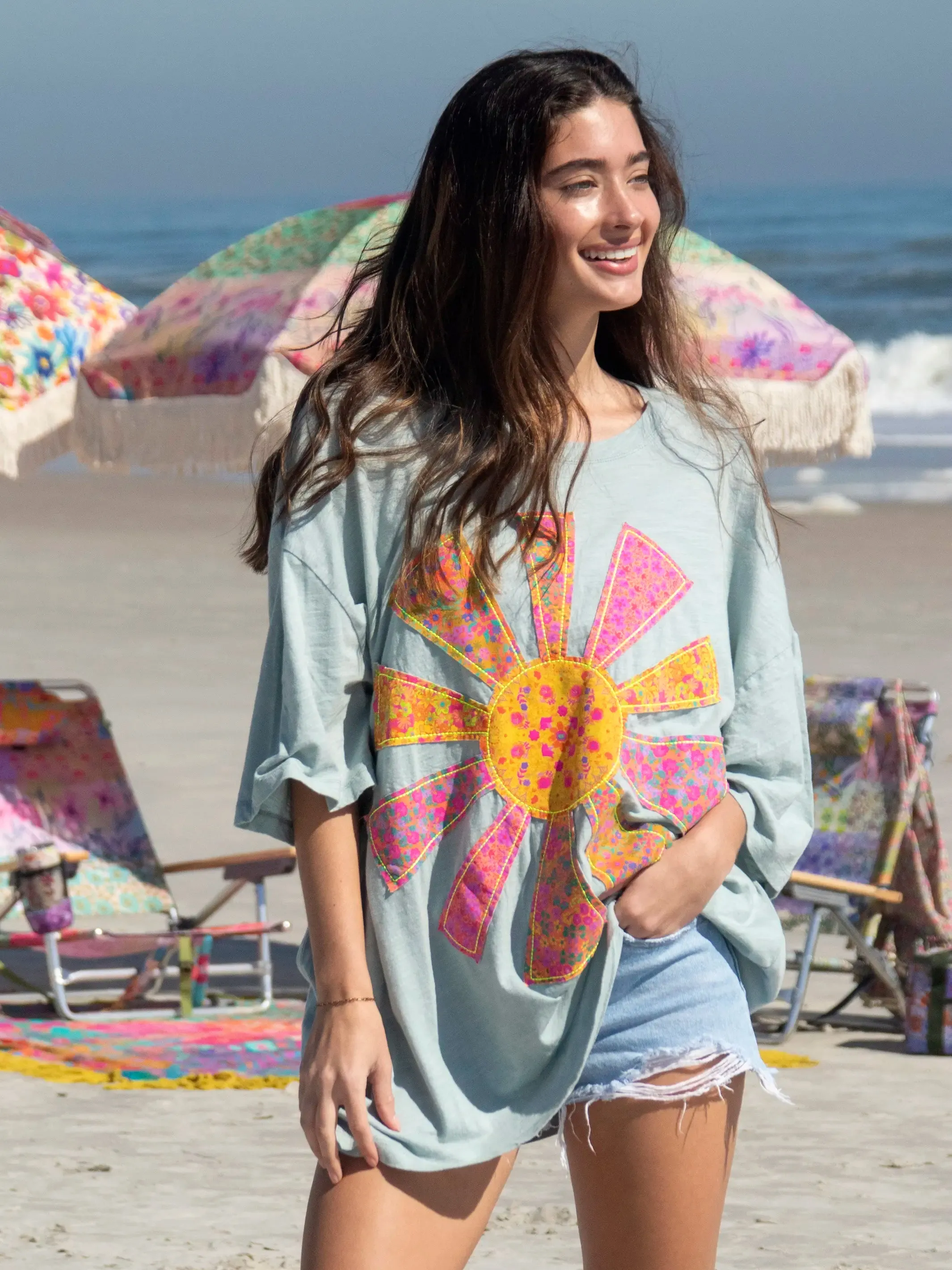 Oversized Cotton Applique Tee - Bay Sunshine sold by NATURAL LIFE