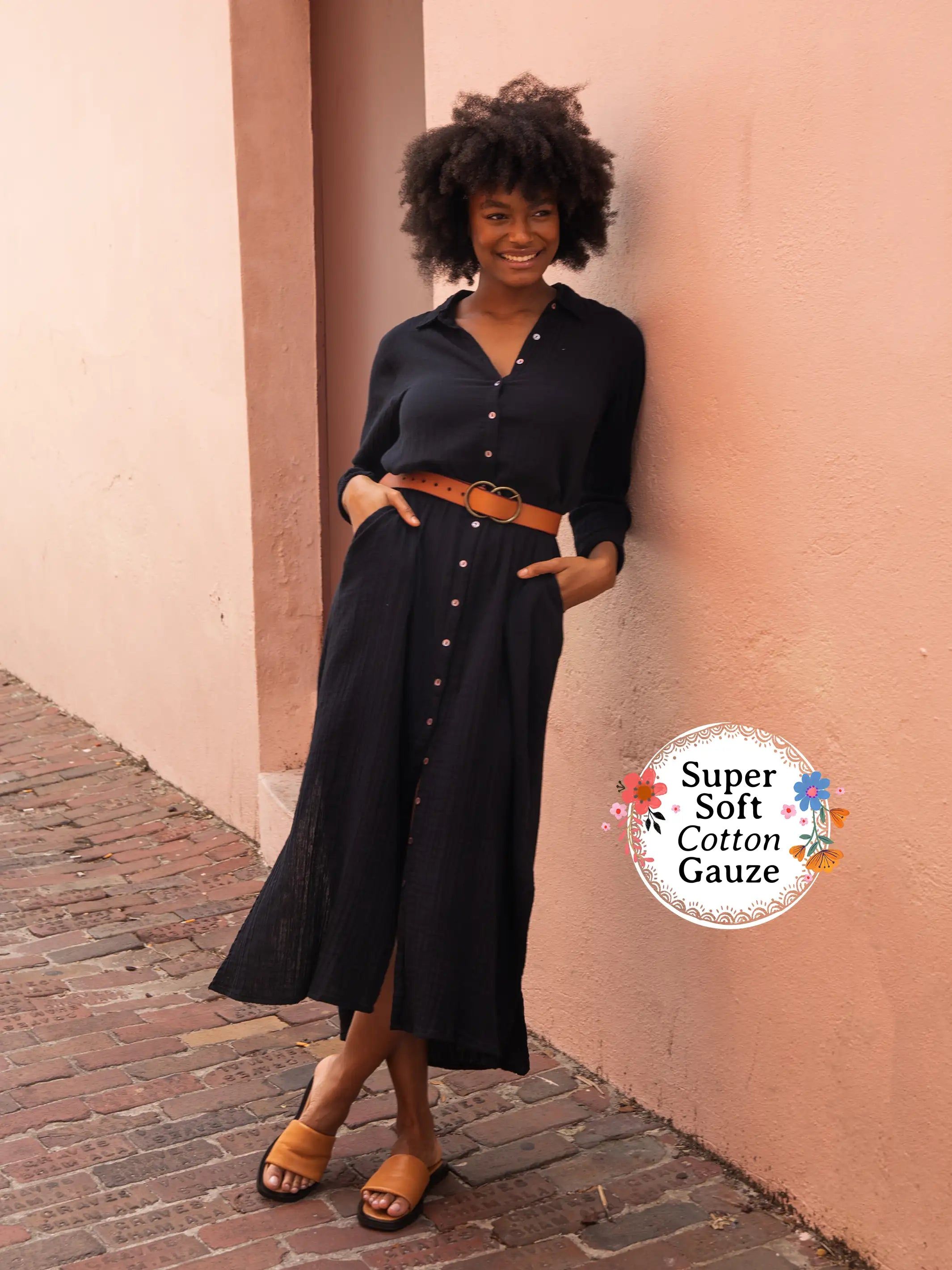 Drew Gauze Shirt Dress - Black sold by NATURAL LIFE