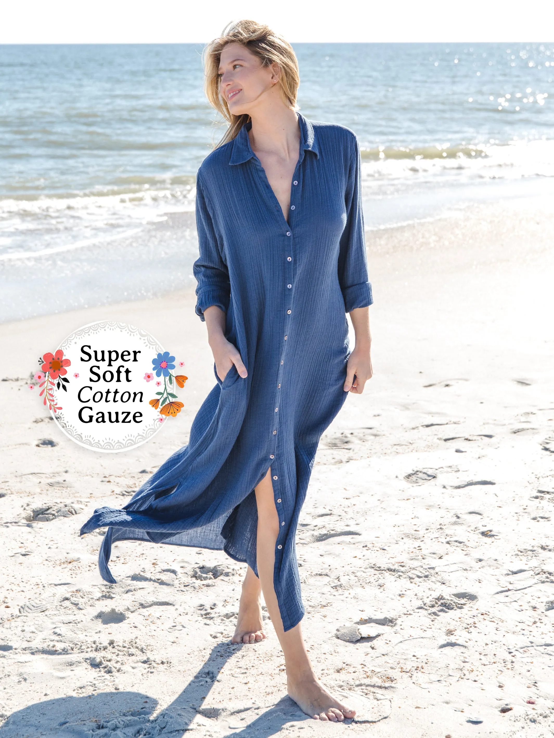 Drew Gauze Shirt Dress - Blue sold by NATURAL LIFE