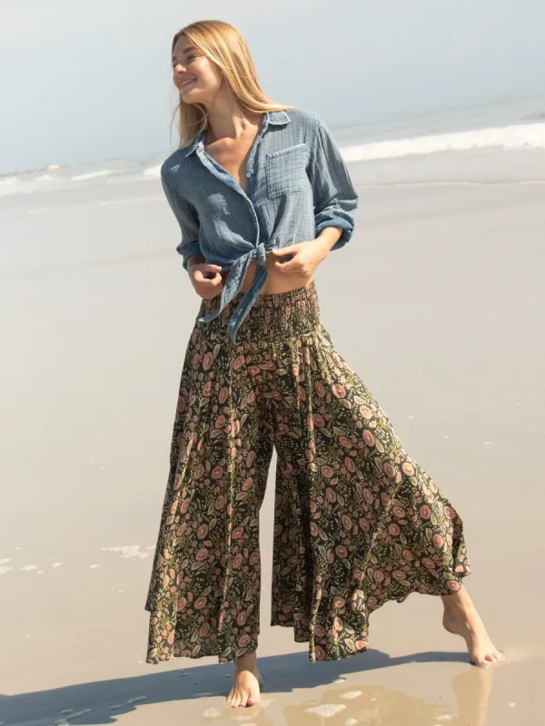 Wanderlust Palazzo Pant - Dark Green Pink Floral Vines sold by NATURAL LIFE