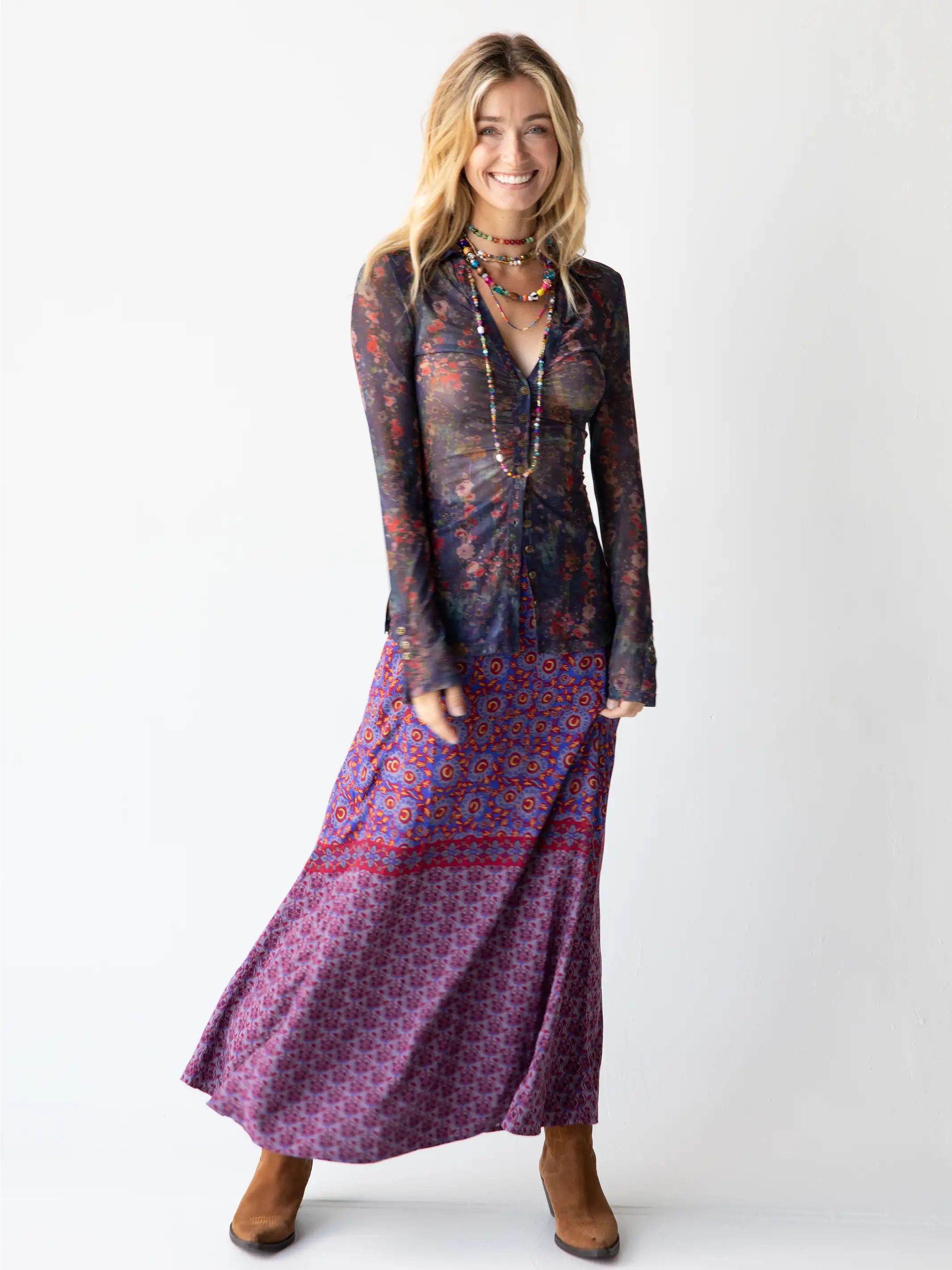 Amy Maxi Skirt - Red Blue Gold Border sold by NATURAL LIFE