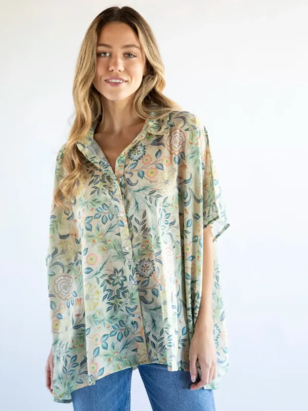 Kelly Oversized Button Down - Cream Blue Leaves sold by NATURAL LIFE