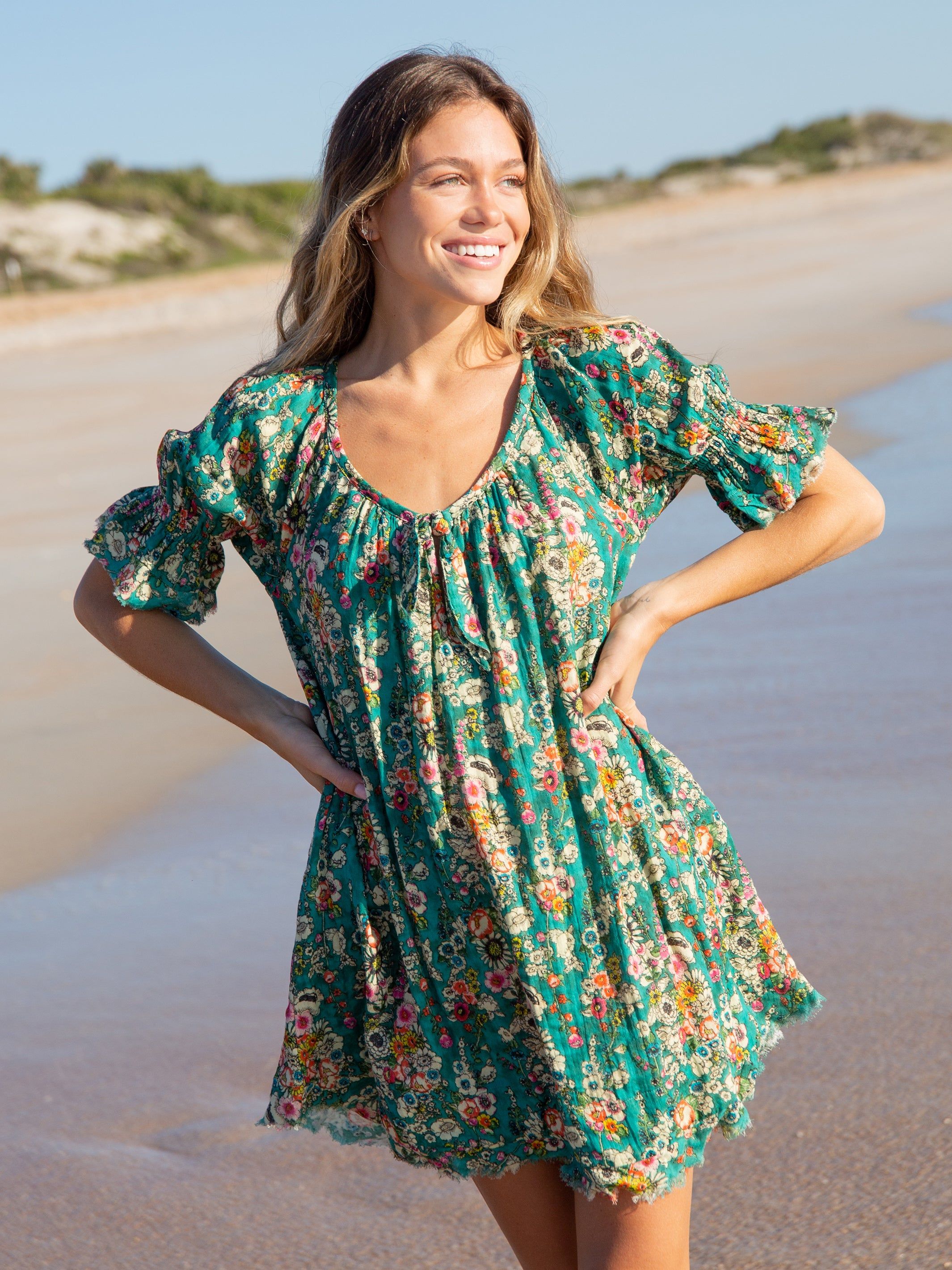 Sienna Cotton Gauze Mini Dress - Turquoise Bouquets sold by NATURAL LIFE product image thumbnail 4