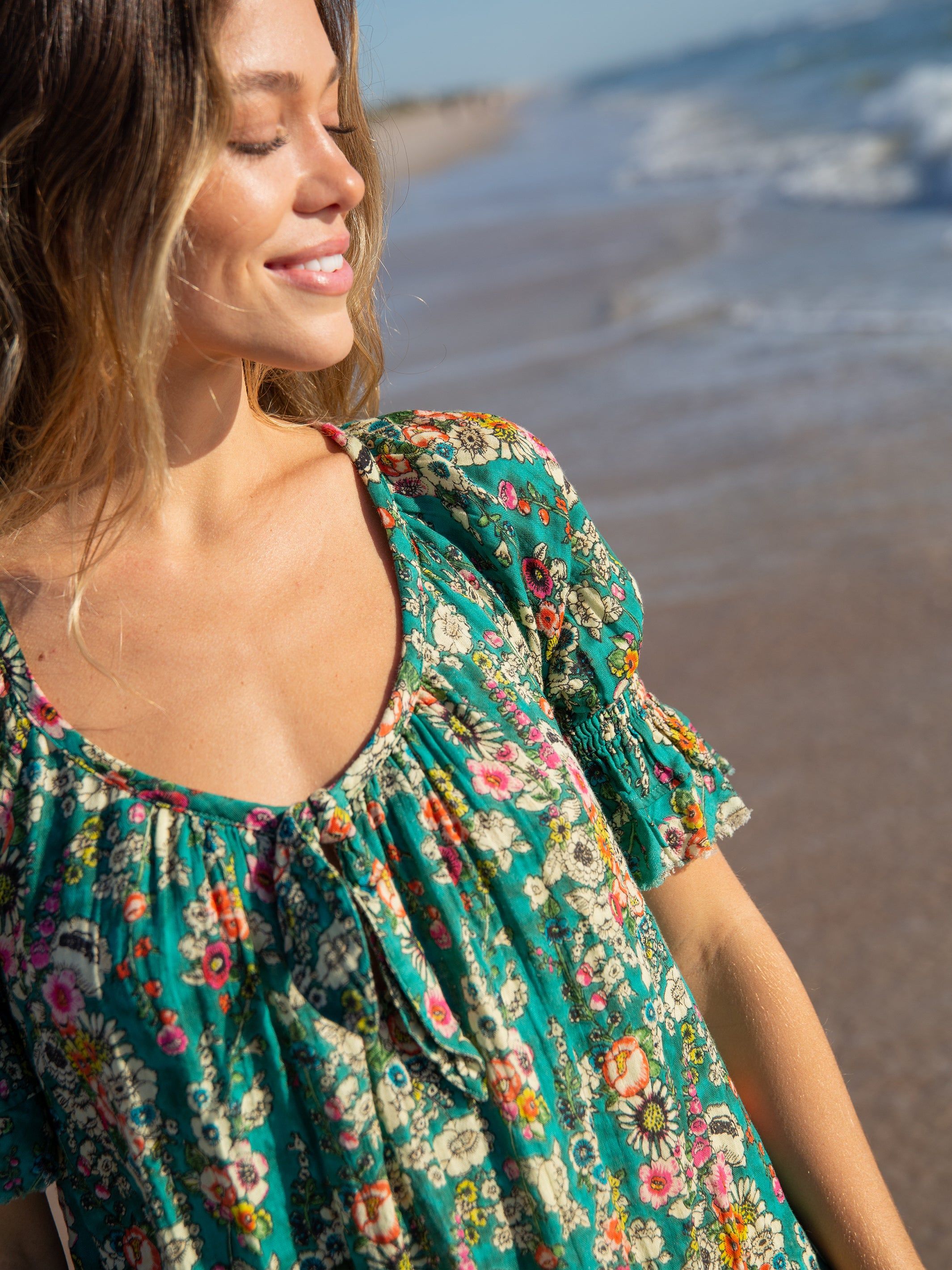 Sienna Cotton Gauze Mini Dress - Turquoise Bouquets sold by NATURAL LIFE product image thumbnail 2