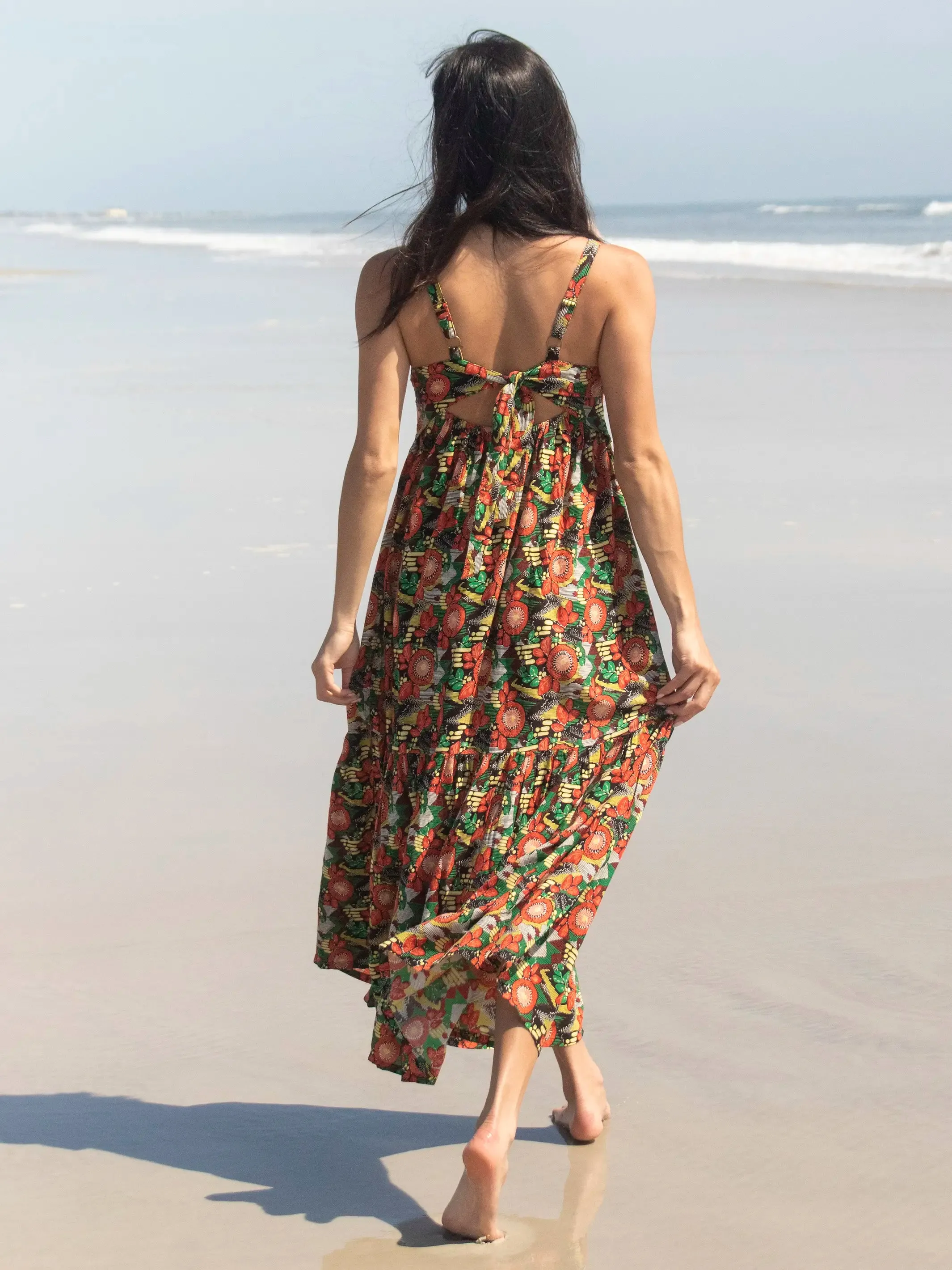 Mia Tie-Back Maxi Dress - Orange Floral Blooms sold by NATURAL LIFE