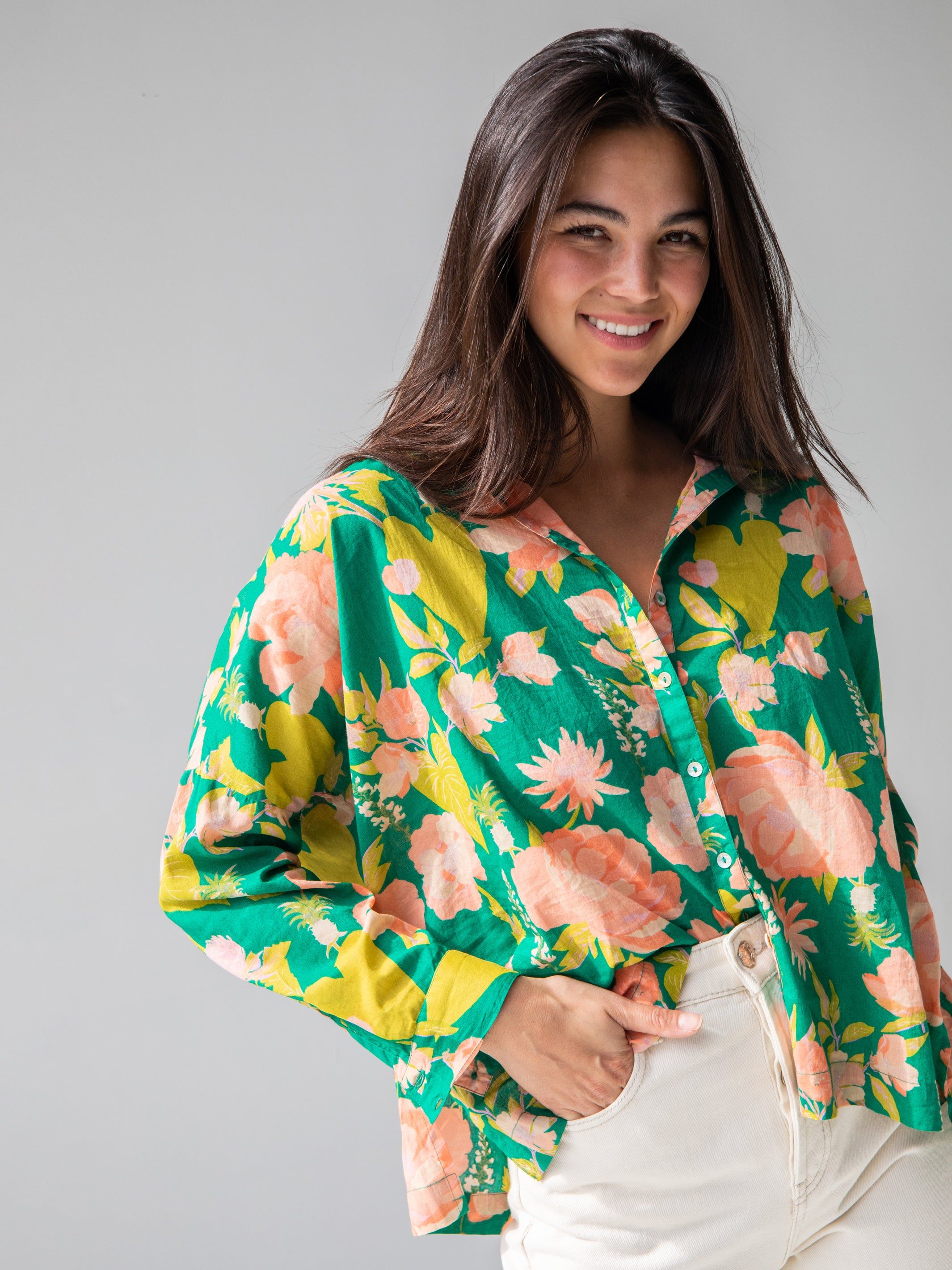 Lara Button Down - Green Coral Floral sold by NATURAL LIFE