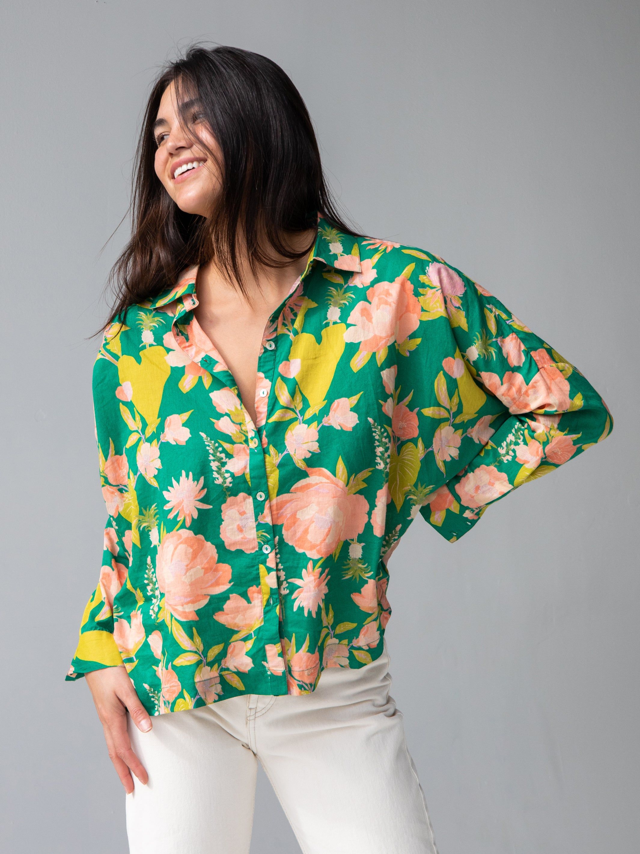 Lara Button Down - Green Coral Floral sold by NATURAL LIFE product image thumbnail 3