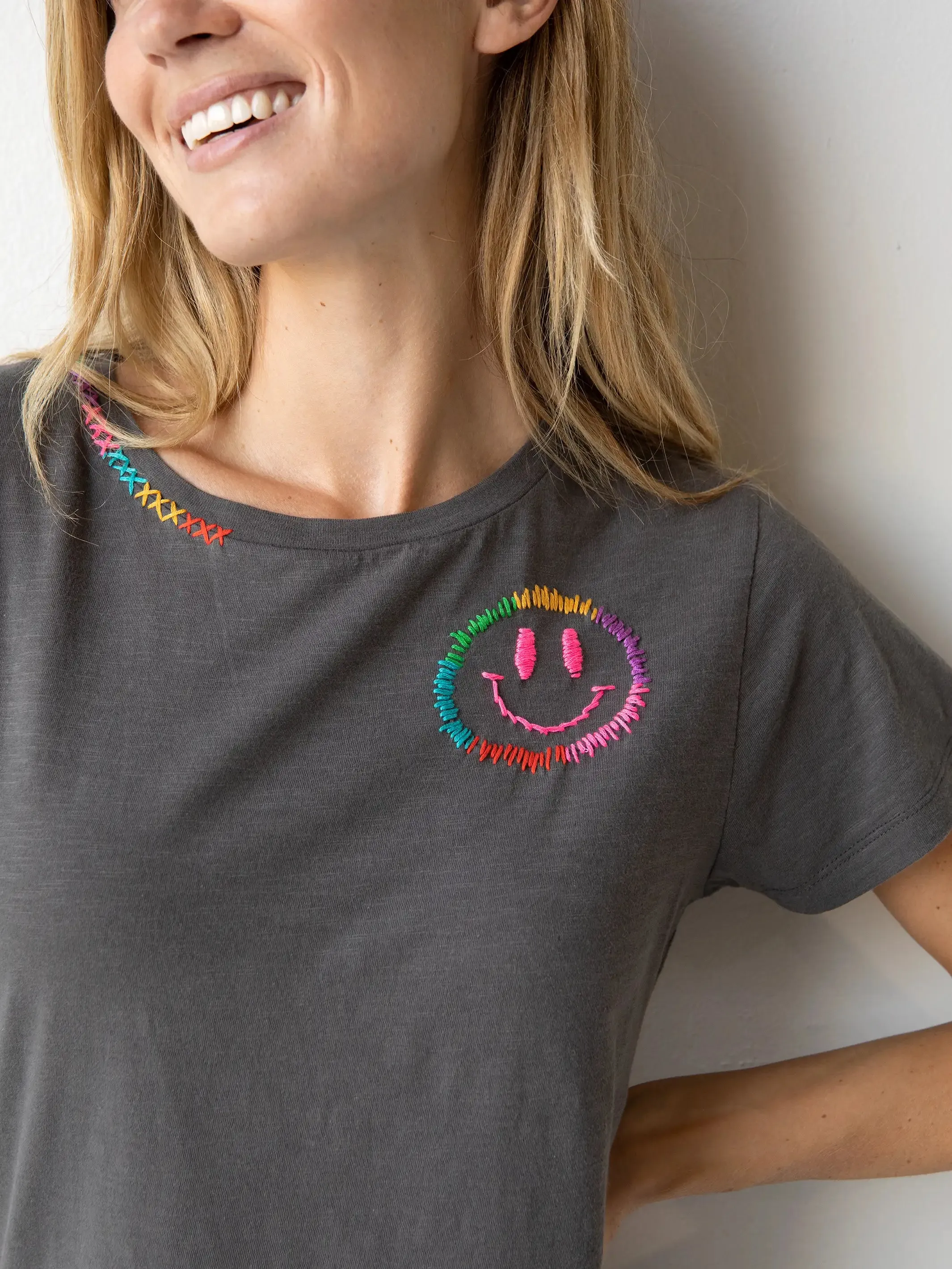 Hand Embroidered Tee - Smiley sold by NATURAL LIFE