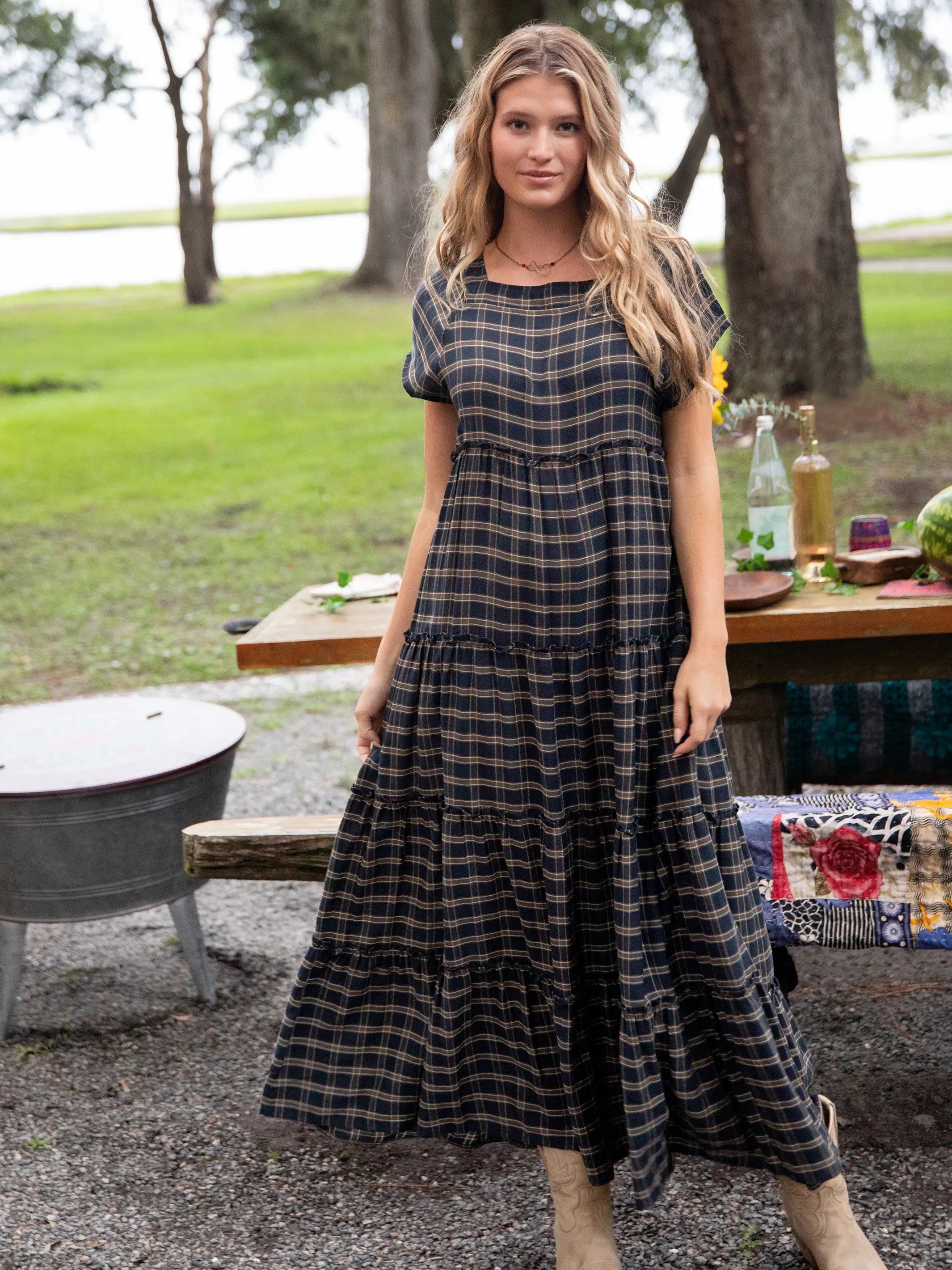 Berkley Maxi Dress - Navy Tan Plaid sold by NATURAL LIFE