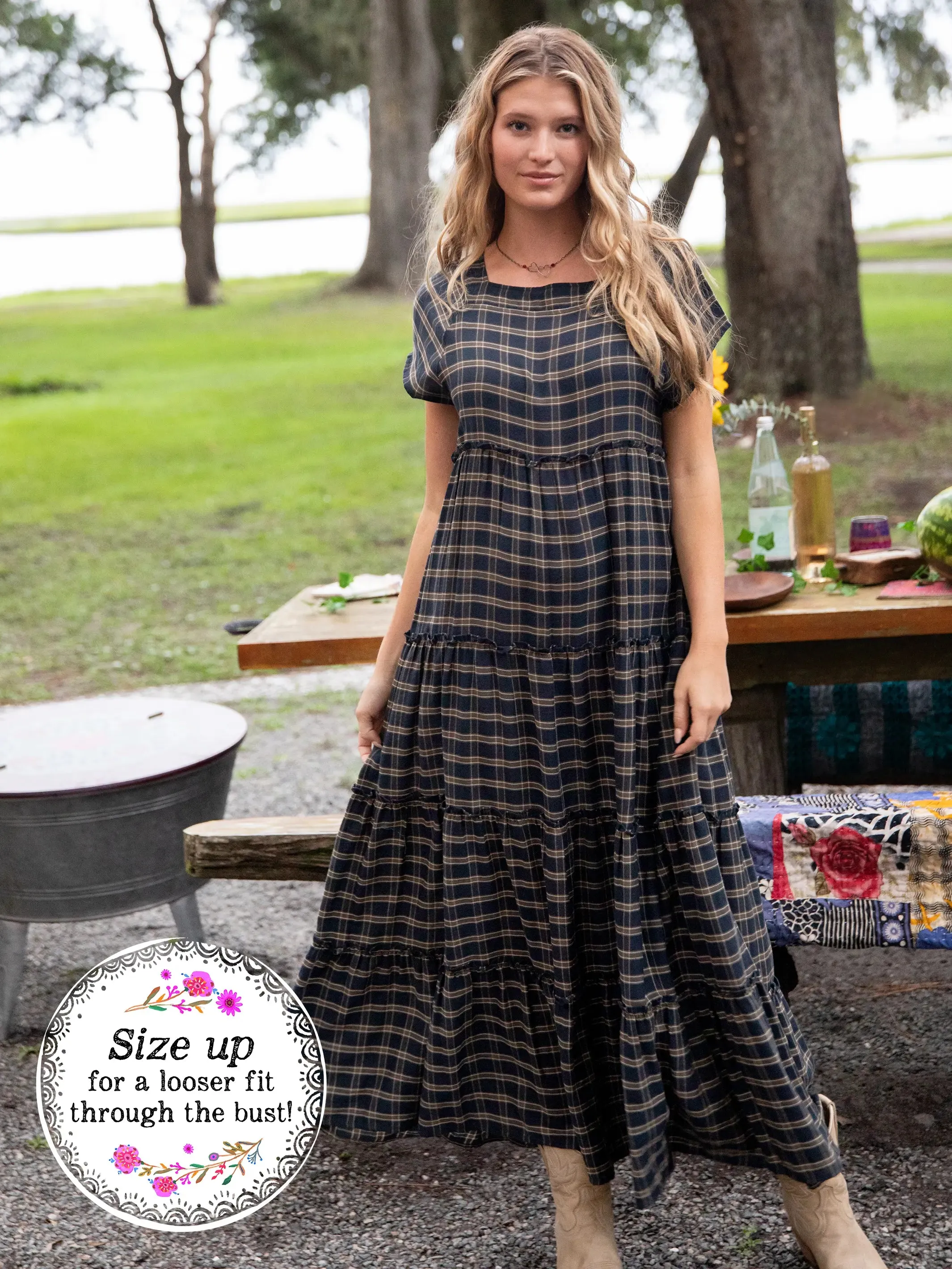 Plaid Berkley Maxi Dress - Navy Tan Plaid sold by NATURAL LIFE