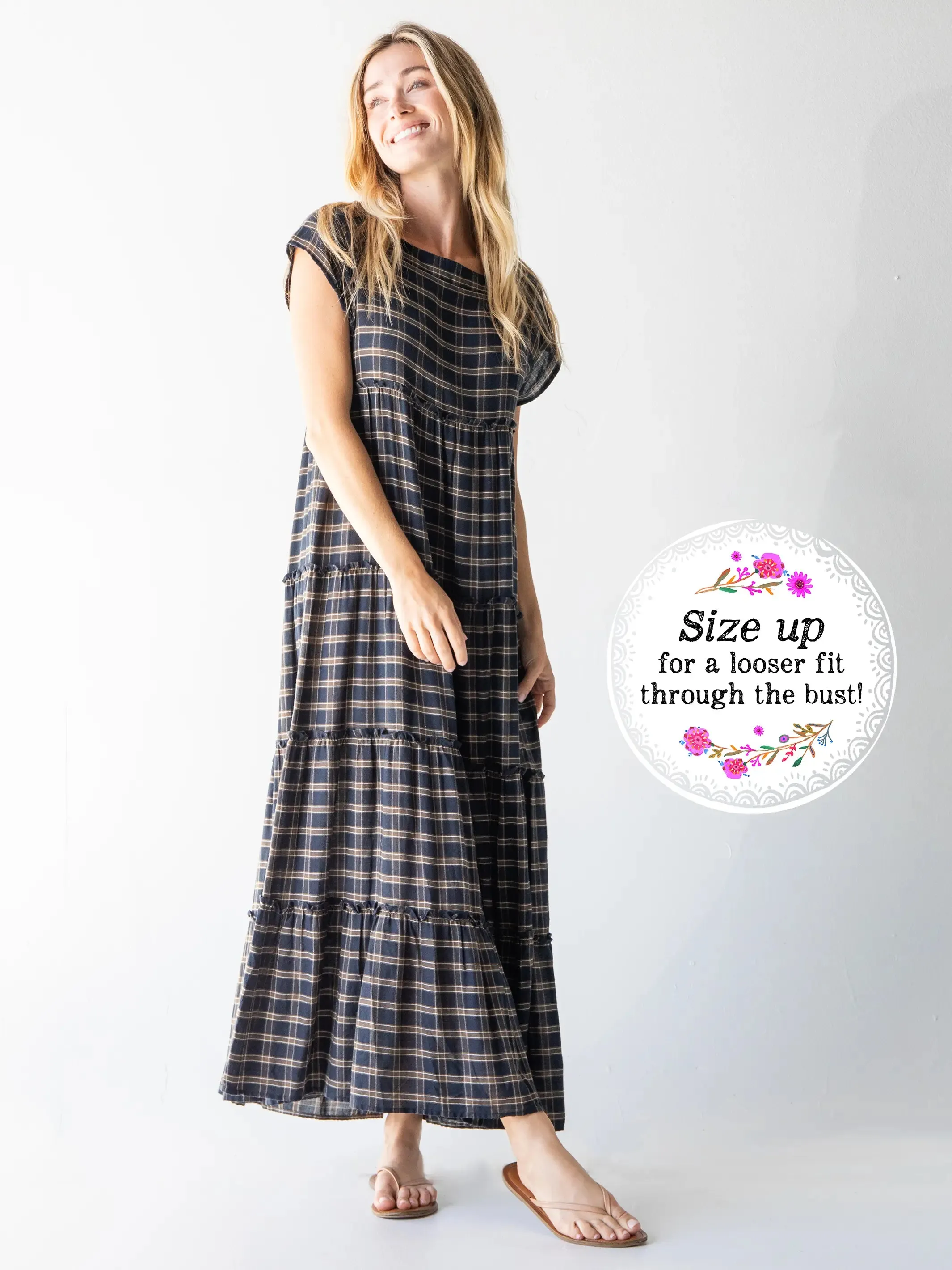 Plaid Berkley Maxi Dress - Navy Tan Plaid sold by NATURAL LIFE product image thumbnail 2