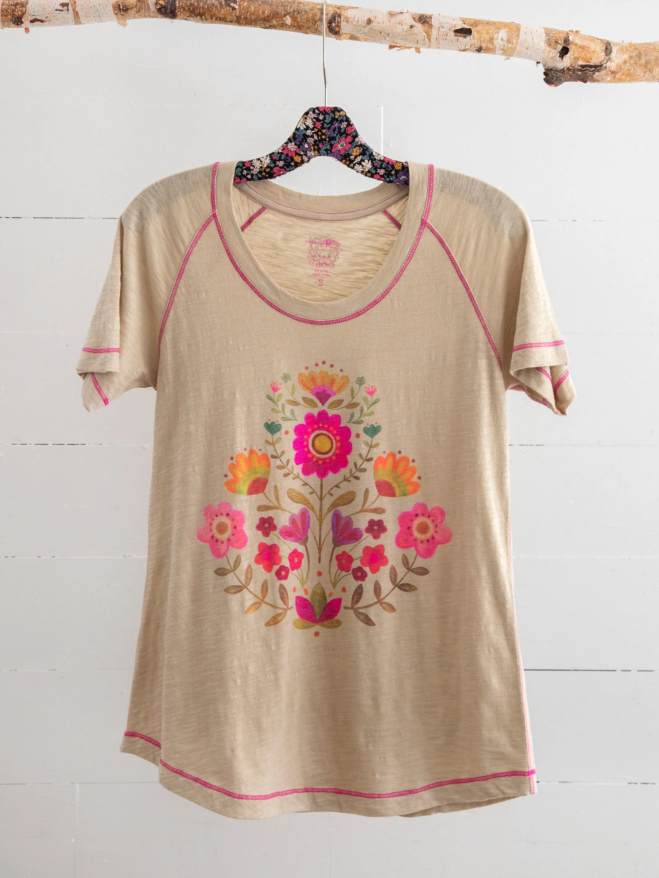 Boho Cotton Tee Shirt - Cream Folk Flower sold by NATURAL LIFE product image thumbnail 2