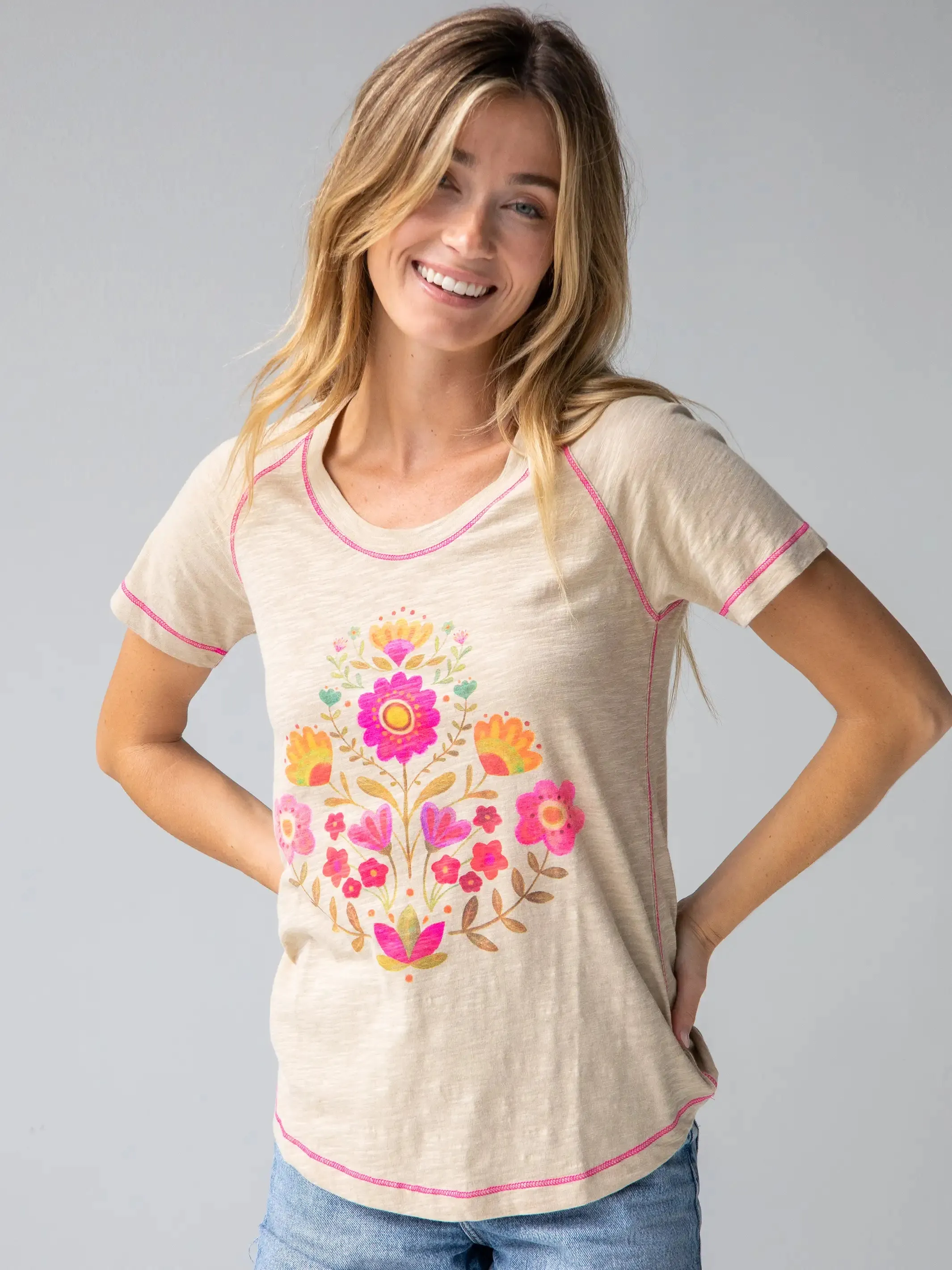 Boho Cotton Tee Shirt - Cream Folk Flower sold by NATURAL LIFE