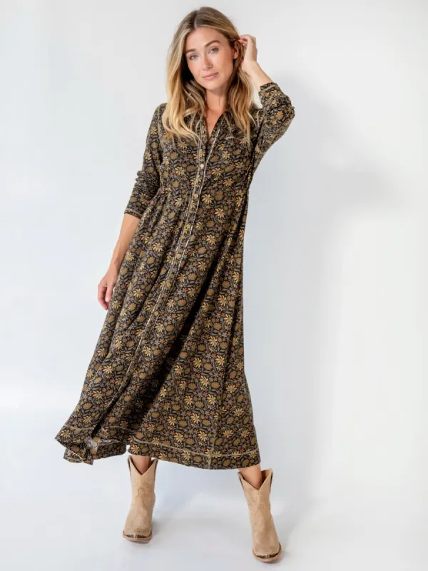 Christa Cotton Midi Dress - Black Tan Daisies sold by NATURAL LIFE