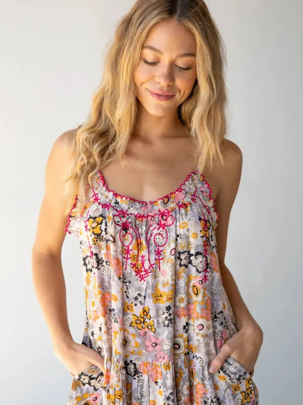 Embroidered Harley Midi Dress - Light Grey Cream Floral sold by NATURAL LIFE