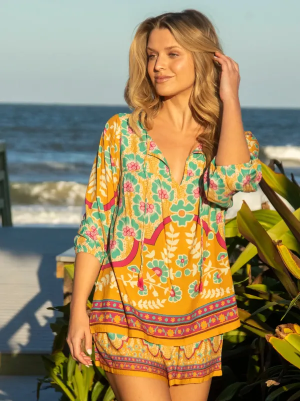 Maribel Top - Mustard Turquoise Floral sold by NATURAL LIFE