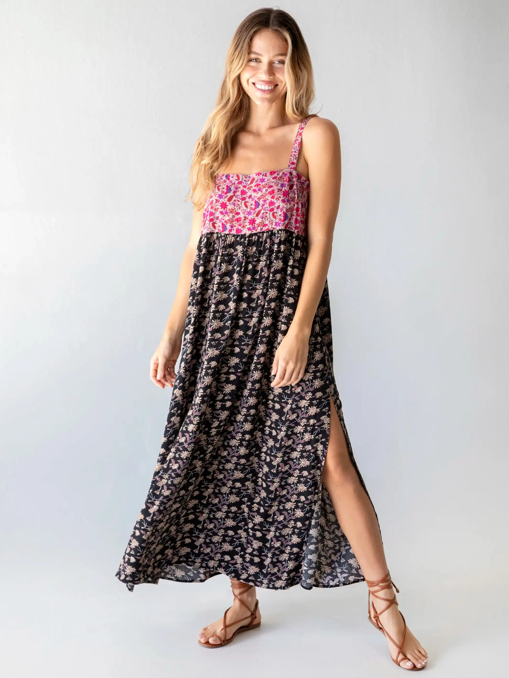 Patti Side Slit Maxi Dress - Pink Black Floral Mix sold by NATURAL LIFE