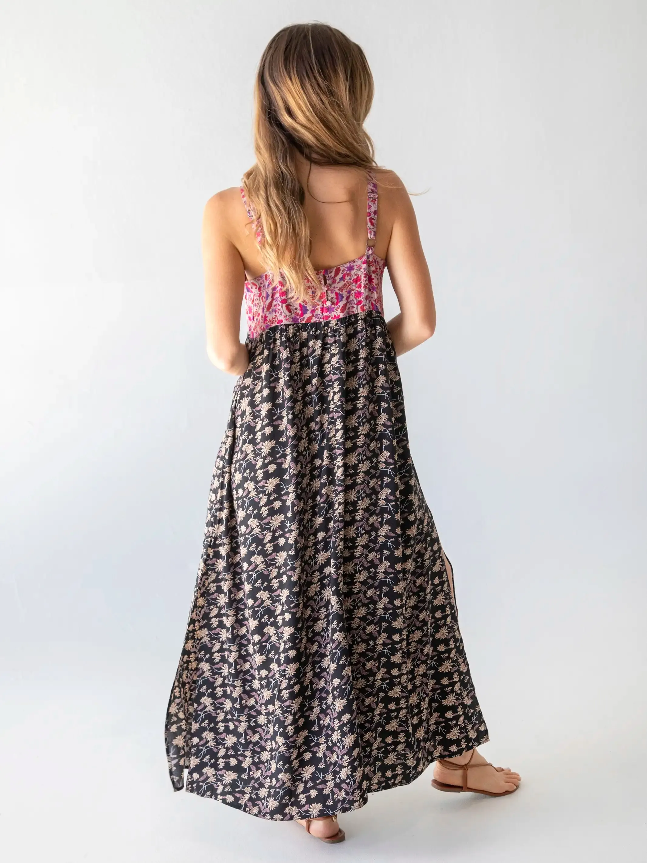 Patti Side Slit Maxi Dress - Pink Black Floral Mix sold by NATURAL LIFE product image thumbnail 3