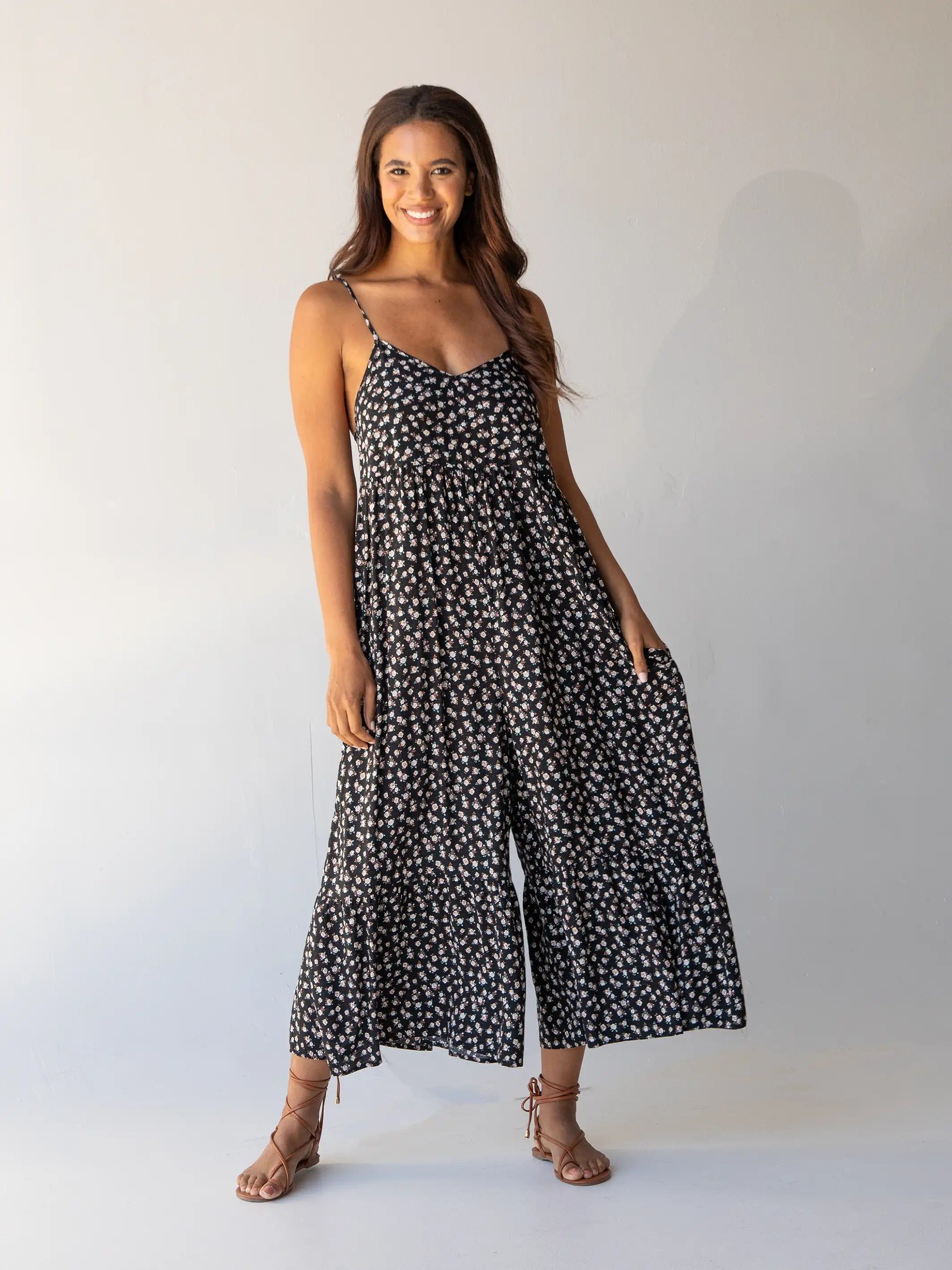 Jamie V-Neck Jumpsuit - Black Cream Floral sold by NATURAL LIFE product image thumbnail 3