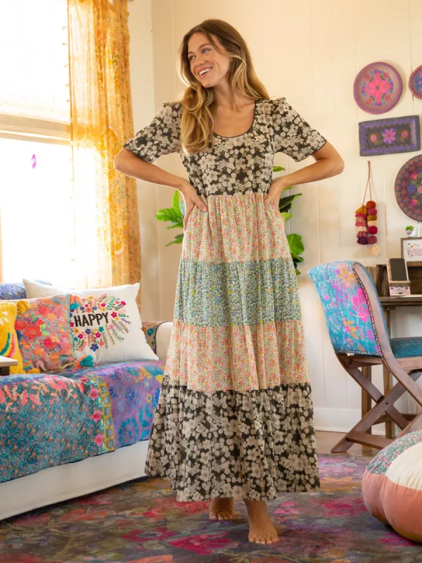 Lucia Tiered Maxi Dress - Charcoal Pink Mix Print sold by NATURAL LIFE