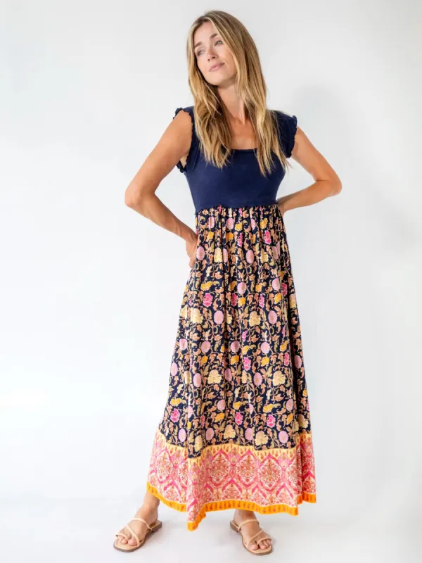 Elisa Maxi Dress - Navy Pink Floral Border sold by NATURAL LIFE