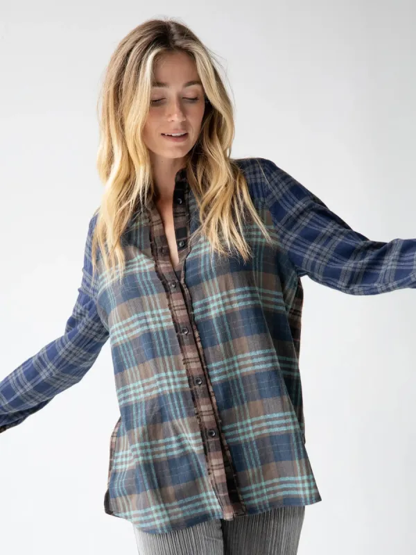 Oversized Flannel Button Down - Blue Brown Plaid sold by NATURAL LIFE