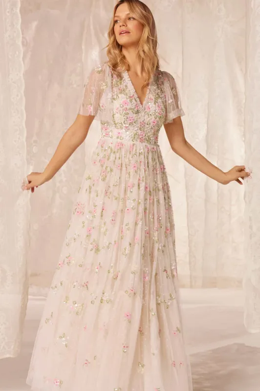 Freesia Shimmer V-Neck Gown sold by Needle & Thread