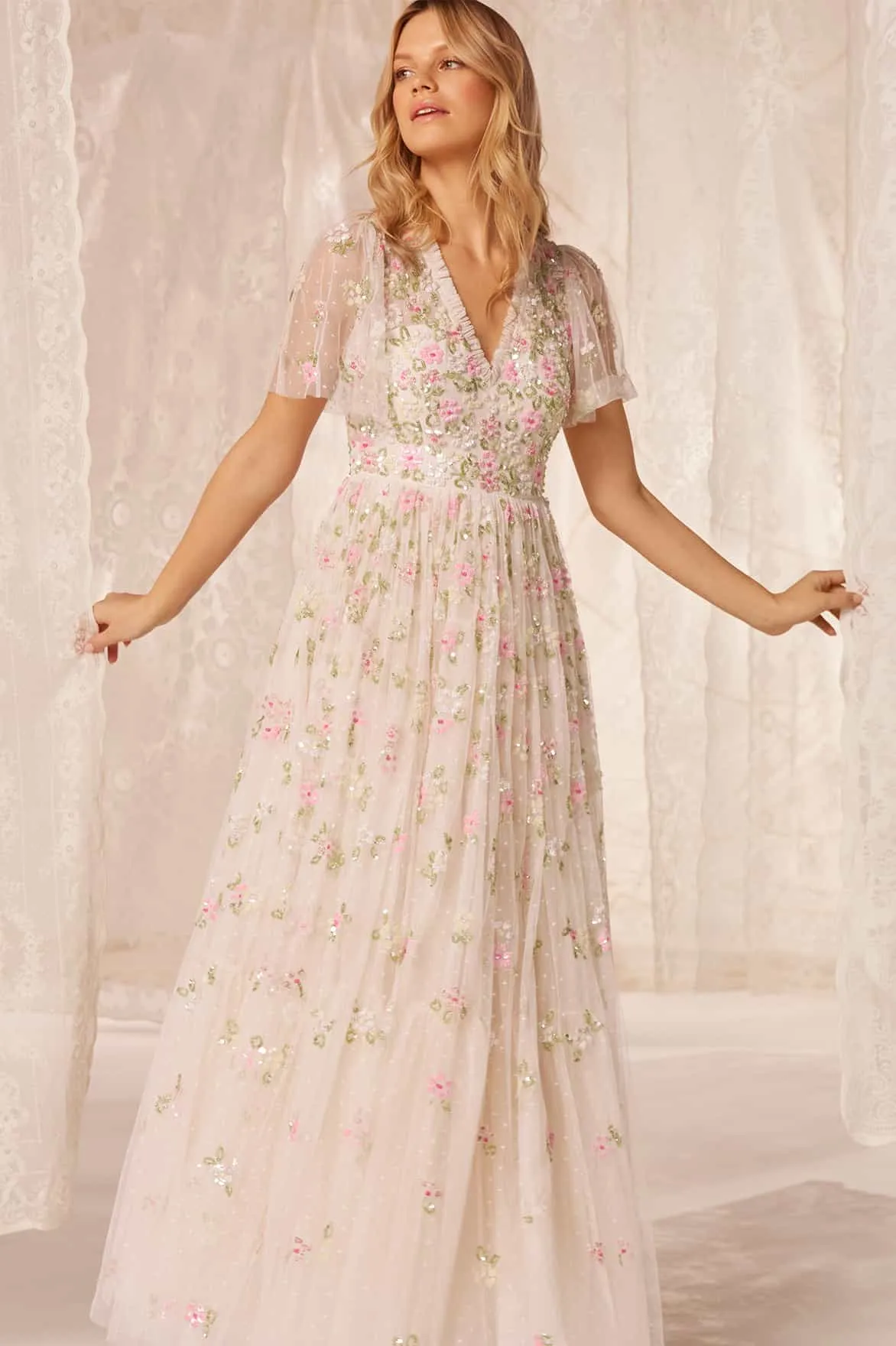 Freesia Shimmer V-Neck Gown sold by Needle & Thread