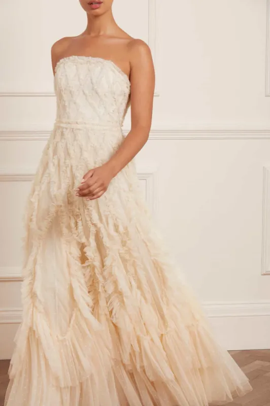 Rosella Ruffle Strapless Gown made by Needle & Thread
