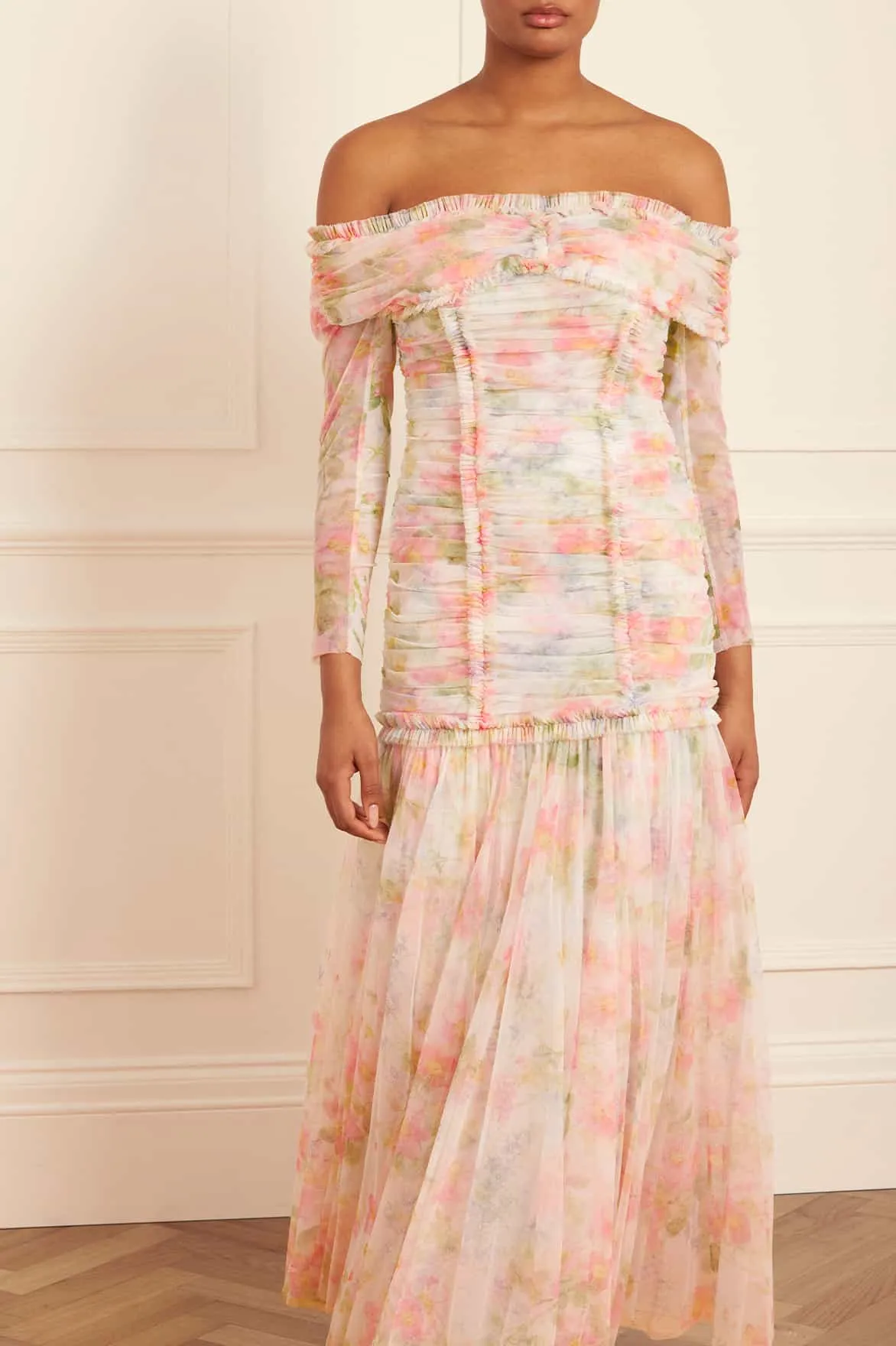 Immortal Rose Rouched Off-Shoulder Gown sold by Needle & Thread