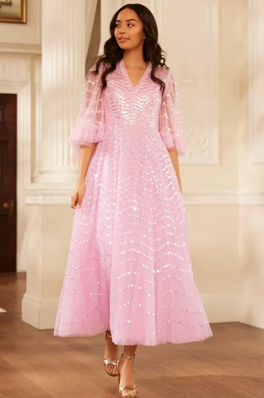 Shimmer Wave Gloss V-Neck Ankle Gown sold by Needle & Thread