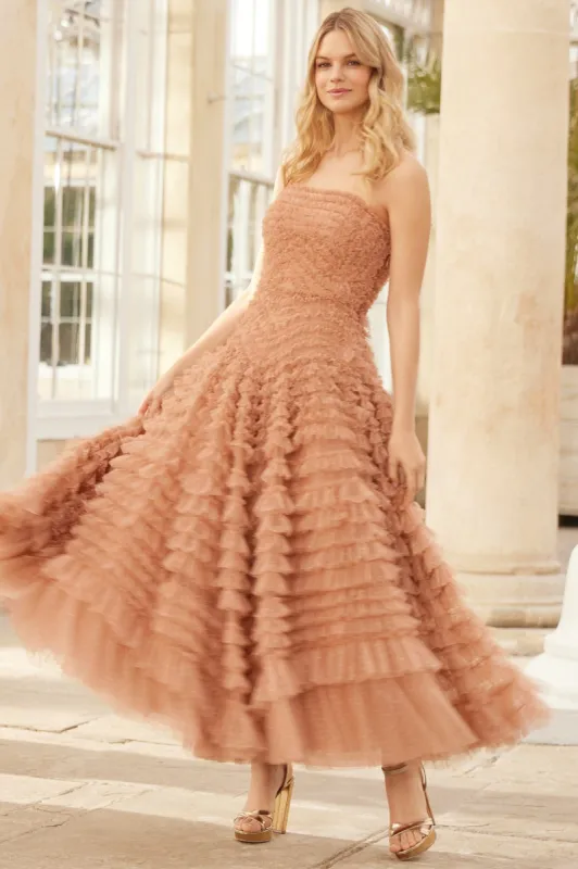 Hattie Ruffle Strapless Ankle Gown sold by Needle & Thread