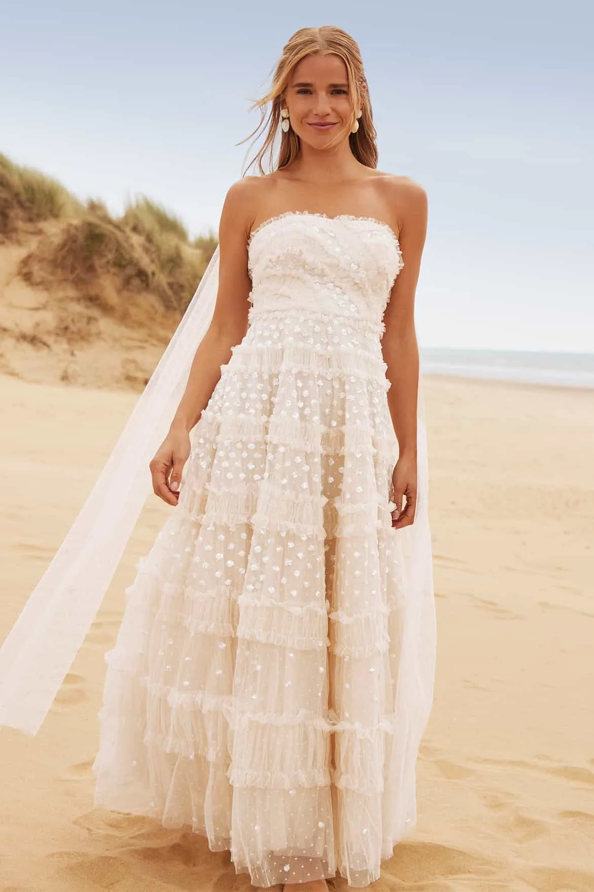 Dot Shimmer Tiered Strapless Ankle Gown sold by Needle & Thread