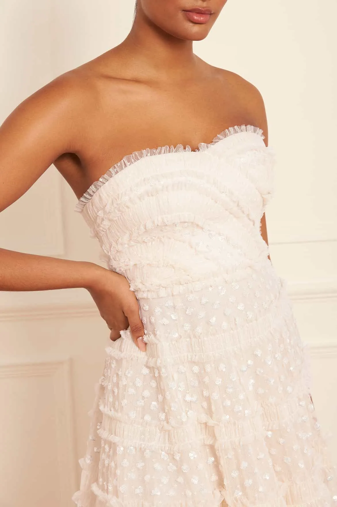 Dot Shimmer Tiered Strapless Ankle Gown sold by Needle & Thread product image thumbnail 4