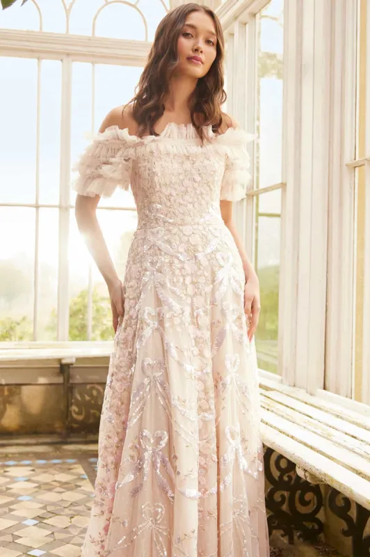 Ribbon Heart Off-Shoulder Ankle Gown sold by Needle & Thread