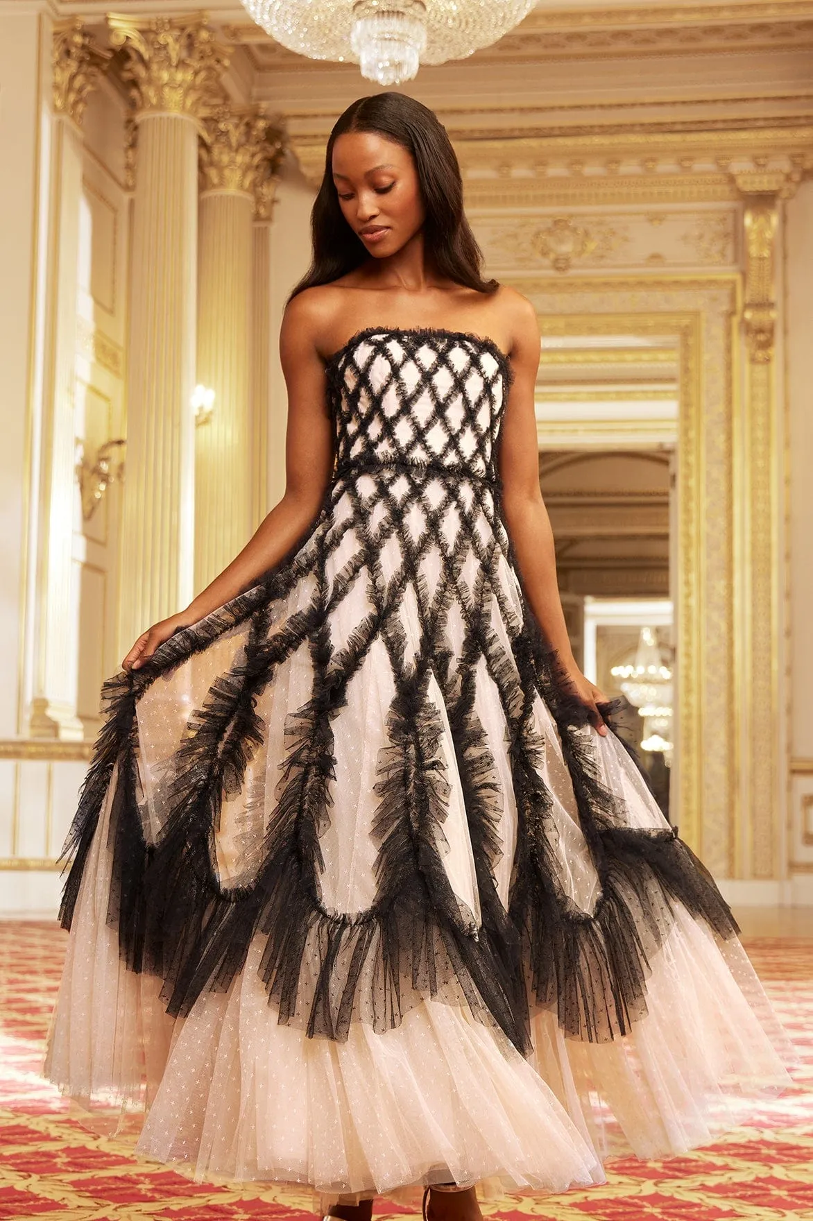 Rosella Ruffle Strapless Gown sold by Needle & Thread