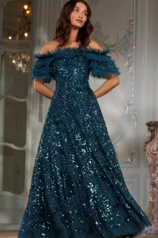 Sequin Wreath Off-Shoulder Gown made by Needle & Thread