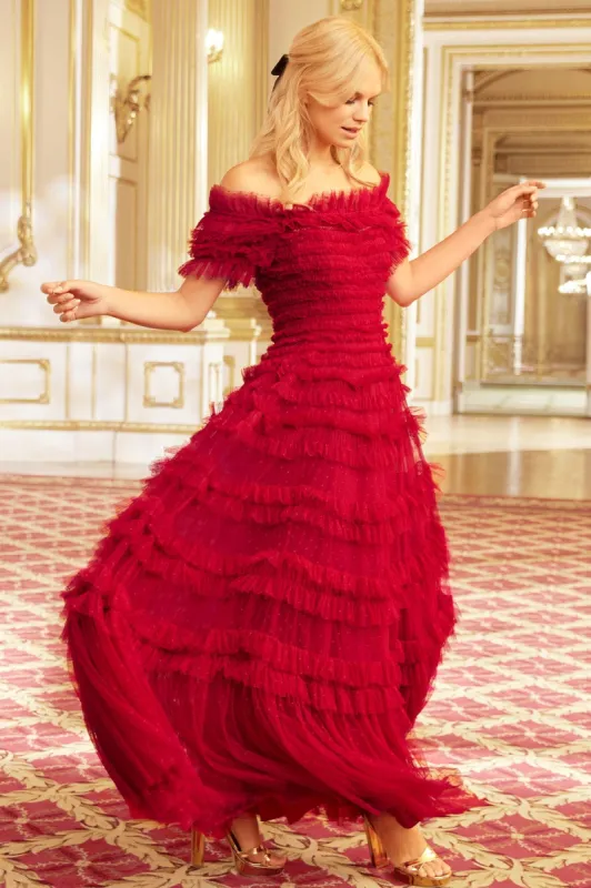Lisette Ruffle Off Shoulder Gown sold by Needle & Thread