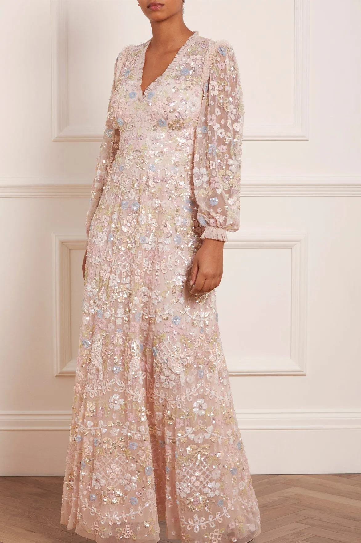 Shimmer Fairytale V-Neck Gown sold by Needle & Thread