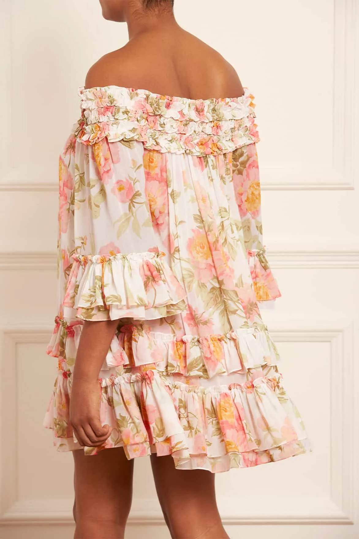 Peony Promise Chiffon Off-Shoulder Tiered Micro Mini Dress sold by Needle & Thread product image thumbnail 5