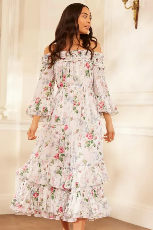 Floral Fantasy Chiffon Off-Shoulder Ankle Gown sold by Needle & Thread