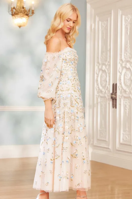 Posy Pirouette Off-Shoulder Ankle Gown sold by Needle & Thread